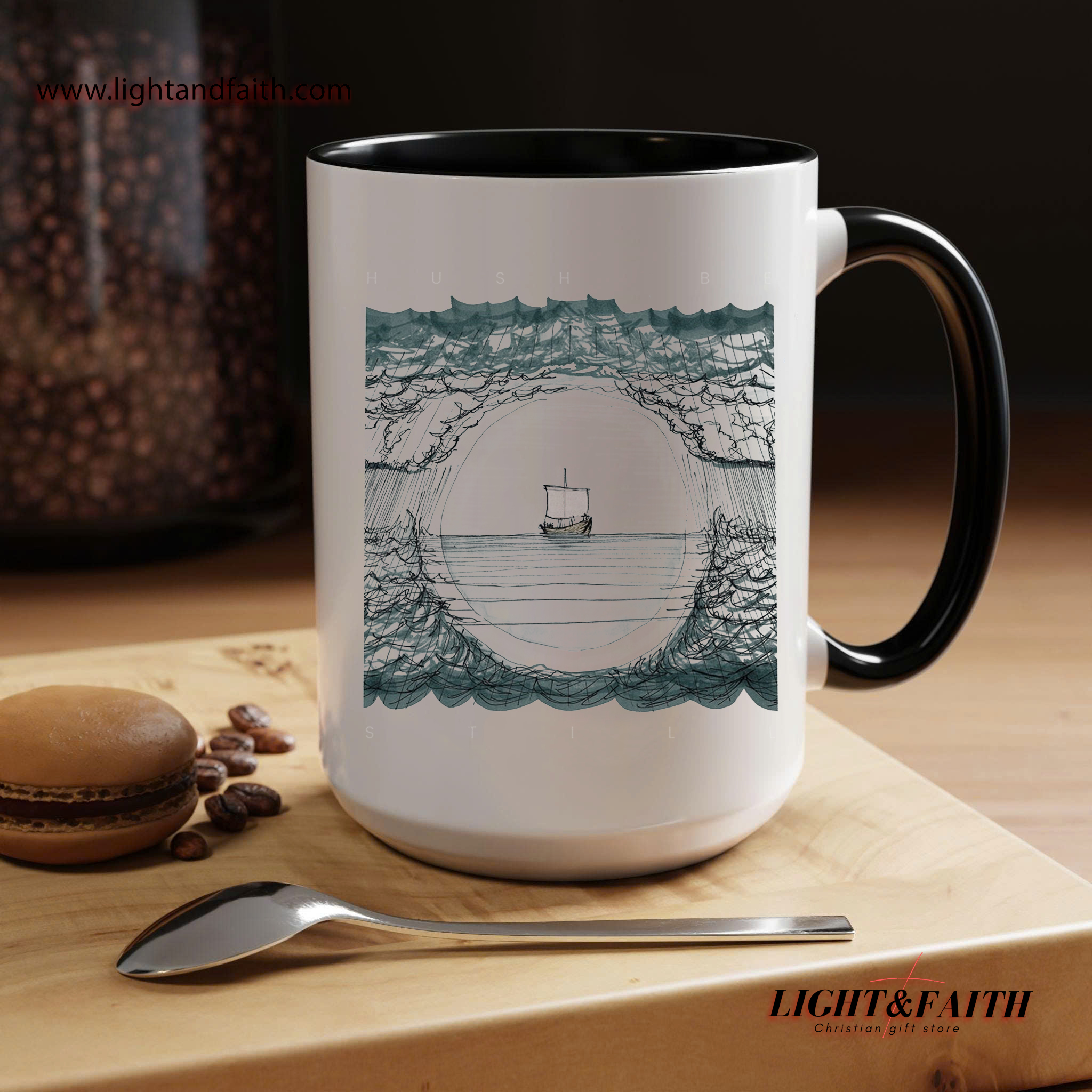 Peace Be Still Mug – Jesus Calms the Storm, Christian Boat Mug, Bible Story Inspired MULAF29